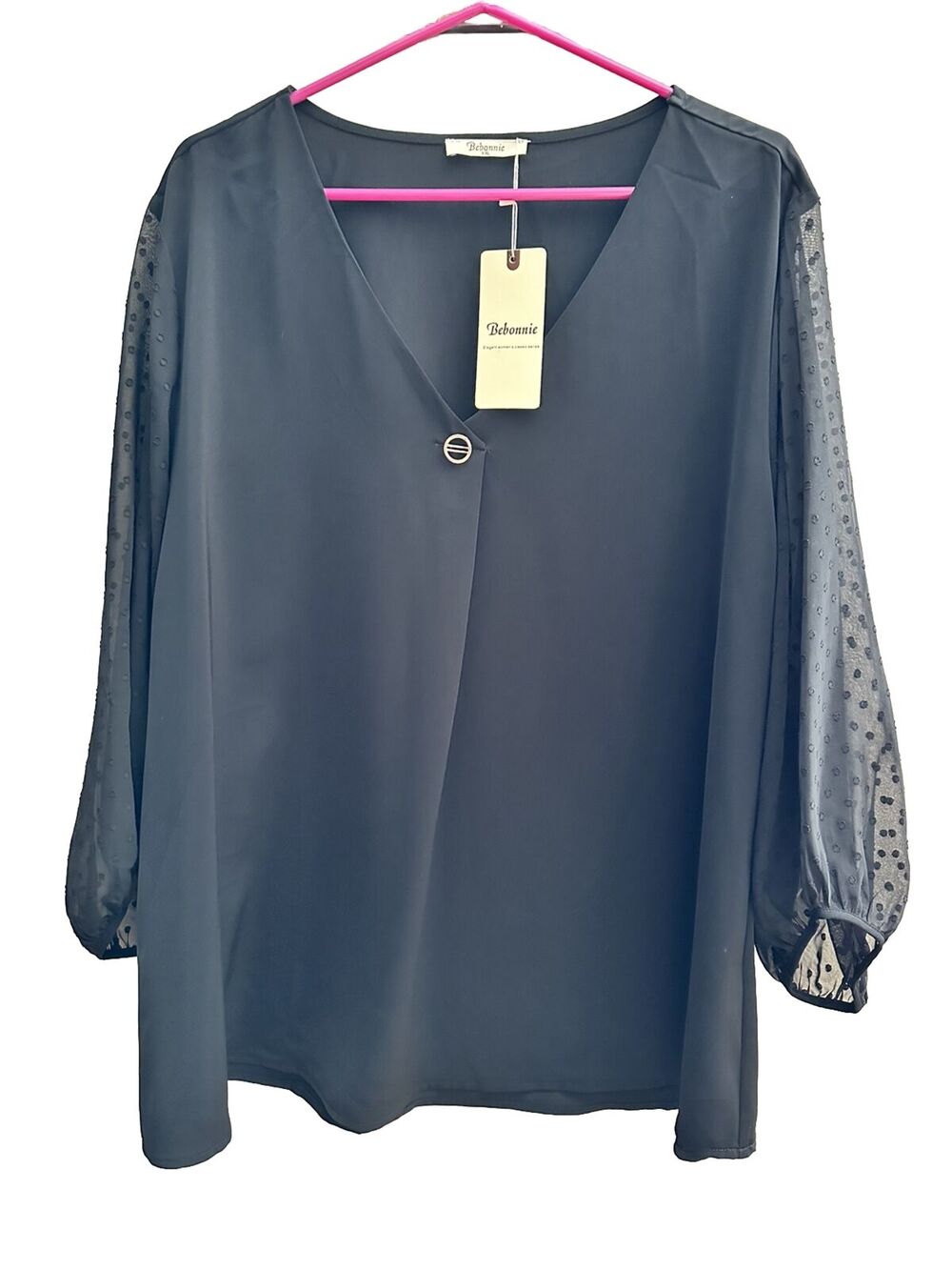 Bebonnie Women's Black Casual Loose V-Neck Chiffon 3/4 Sheer Sleeve Top Size 2XL